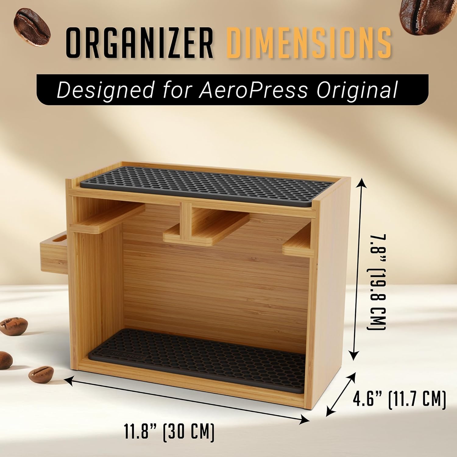 HEXNUB – Bamboo Organizer for AeroPress, Coffee Caddy Station Holds AeroPress Coffee Maker, Accessories, Filters, Cups, Stand includes Dripper Mats (Black) - Image 4
