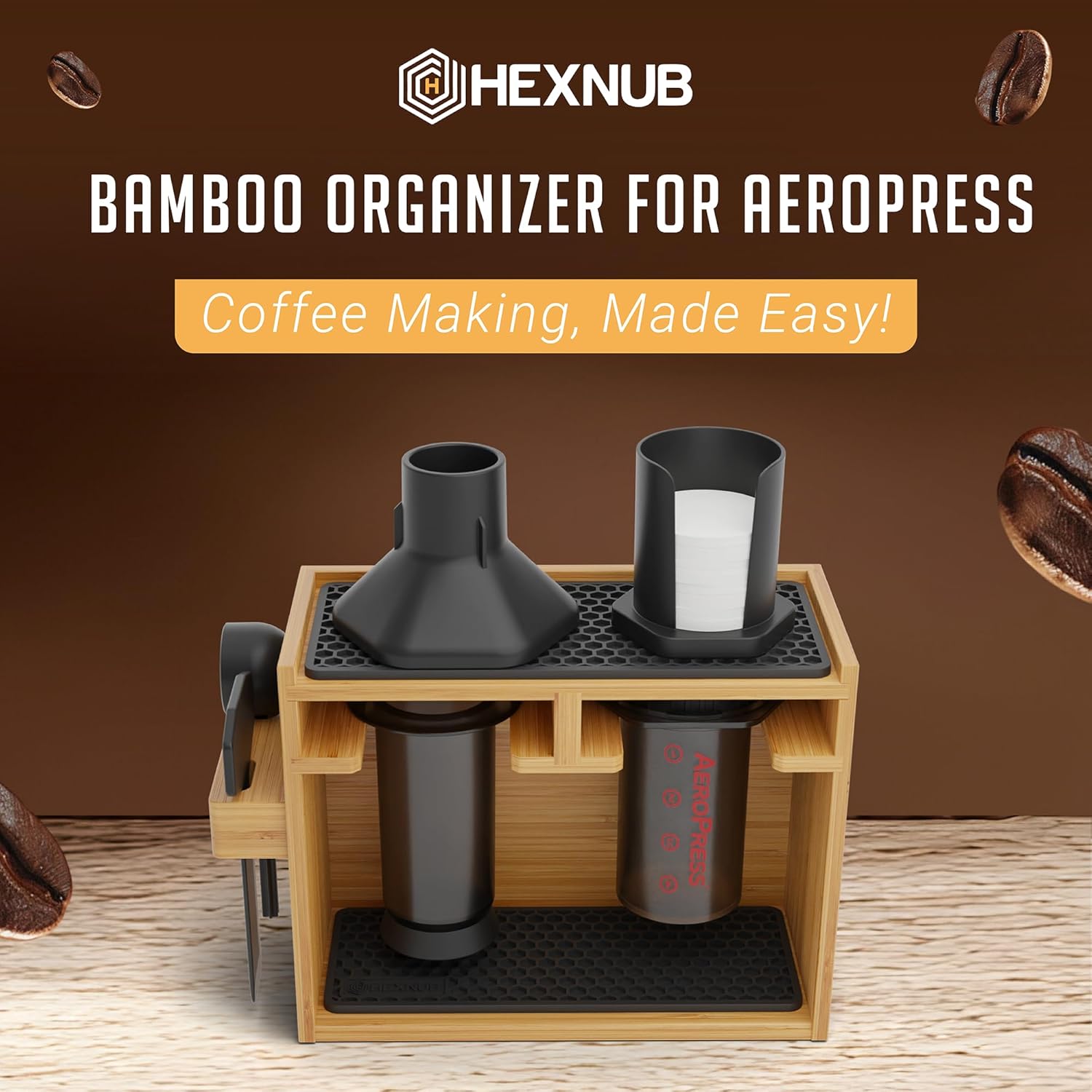 HEXNUB – Bamboo Organizer for AeroPress, Coffee Caddy Station Holds AeroPress Coffee Maker, Accessories, Filters, Cups, Stand includes Dripper Mats (Black) - Image 3