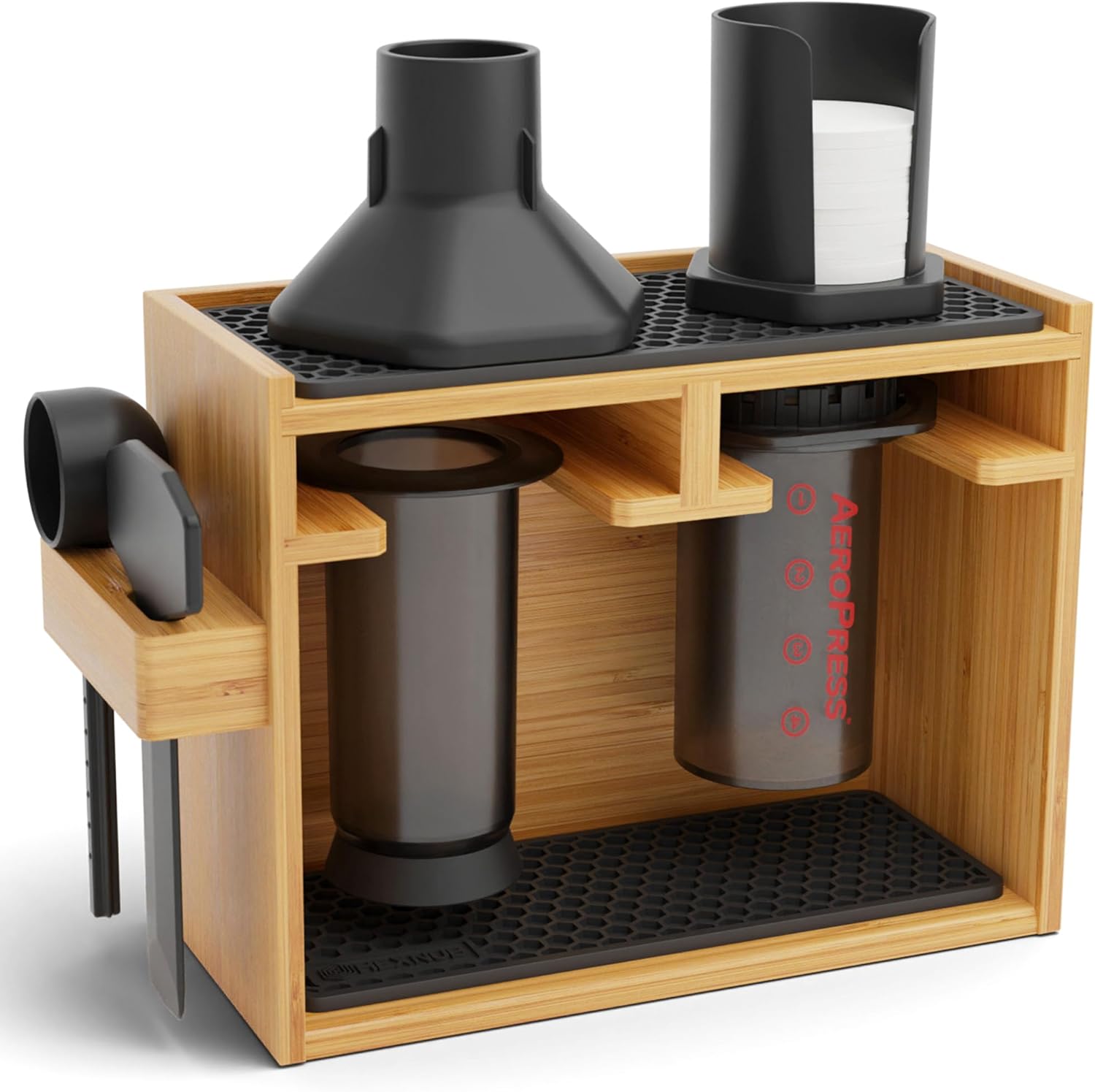 HEXNUB – Bamboo Organizer for AeroPress, Coffee Caddy Station Holds AeroPress Coffee Maker, Accessories, Filters, Cups, Stand includes Dripper Mats (Black) - Image 2