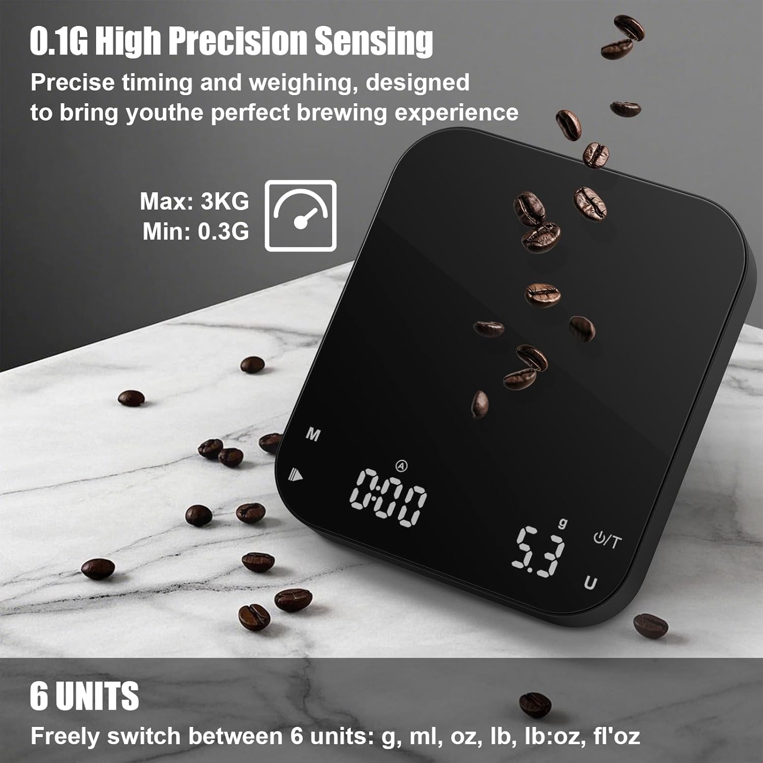 Rechargeable Coffee Scale with Timer, Diyife 3kg/0.1g High Precision Scale, 6 Units, HD LED Display, Long Battery Life, Portable Kitchen Scale for Espresso, French Press, Pour-Over Coffee - Image 5