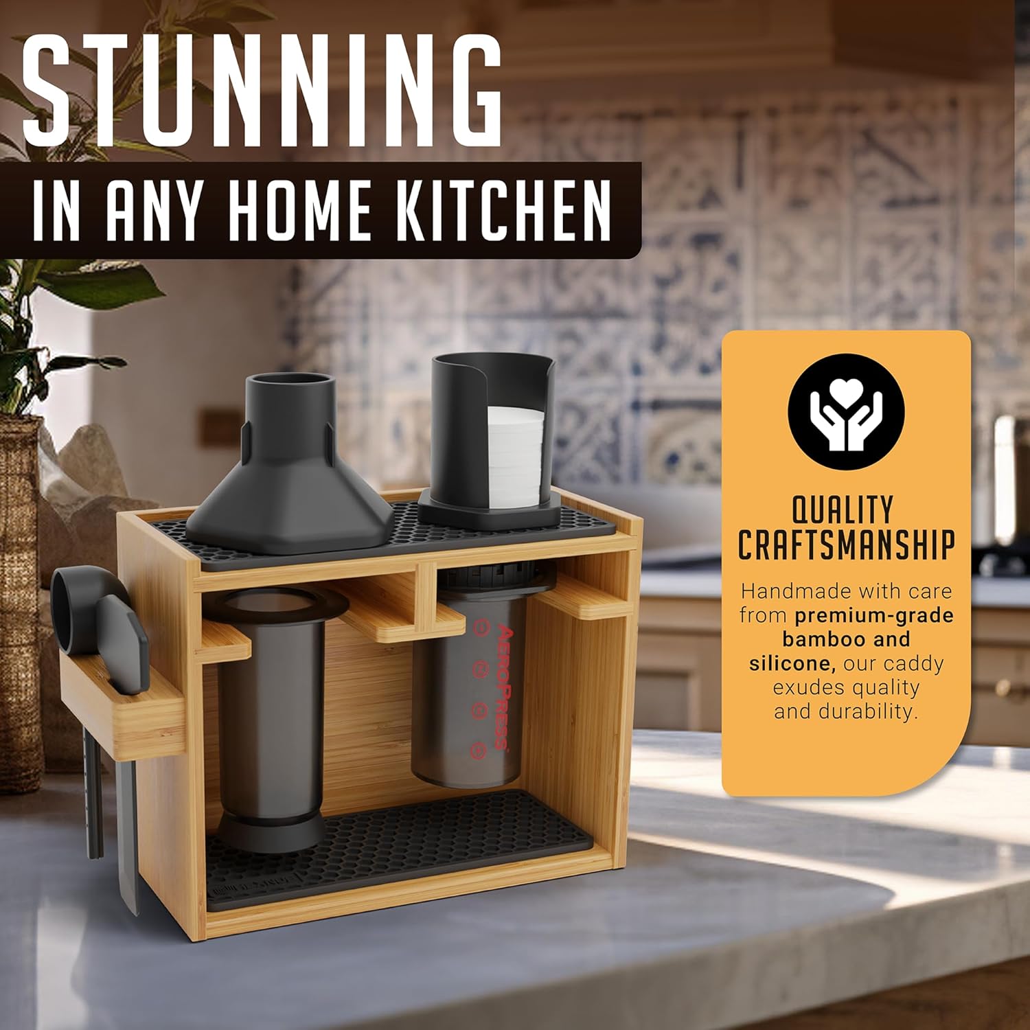 HEXNUB – Bamboo Organizer for AeroPress, Coffee Caddy Station Holds AeroPress Coffee Maker, Accessories, Filters, Cups, Stand includes Dripper Mats (Black) - Image 8