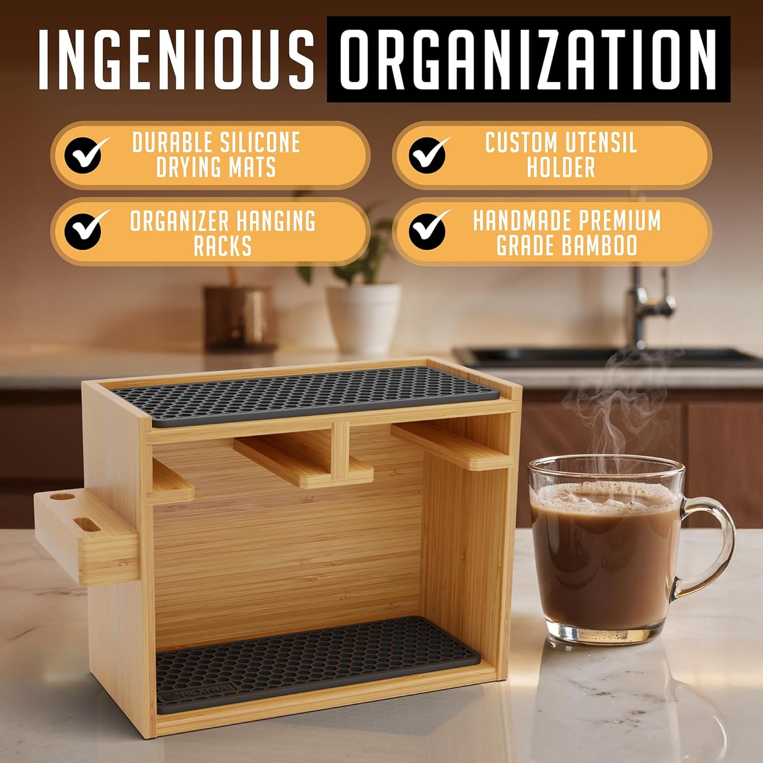HEXNUB – Bamboo Organizer for AeroPress, Coffee Caddy Station Holds AeroPress Coffee Maker, Accessories, Filters, Cups, Stand includes Dripper Mats (Black) - Image 6