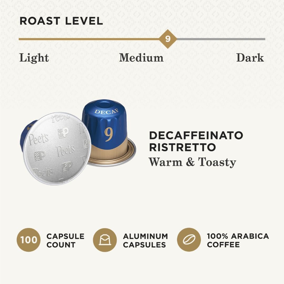 Peet's Coffee, Medium Roast Decaf Espresso Capsules, Compatible with Nespresso Original Machine - Decaf Ristretto Intensity 10, 100 Count (10 Boxes of 10 Espresso Capsules) - Image 4