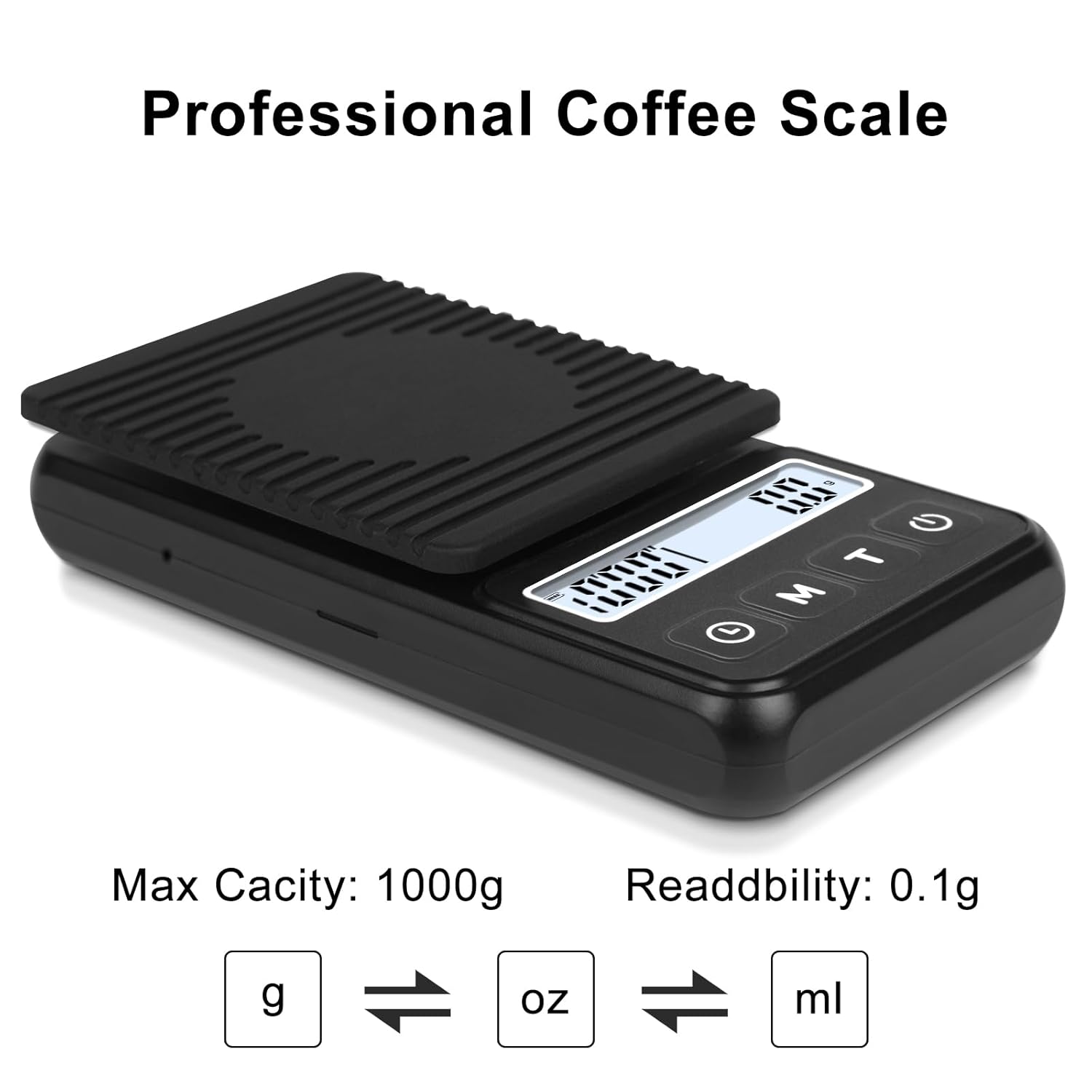 QP Coffee Scale with Timer, 1kg/0.1g High Accuracy Espresso Scale, IP68 Waterproof Scale for Coffee, Adjustable Control Digital Coffee Scale, g/oz/ml, LCD Display, Auto Off, Removable Silicone Pad - Image 3
