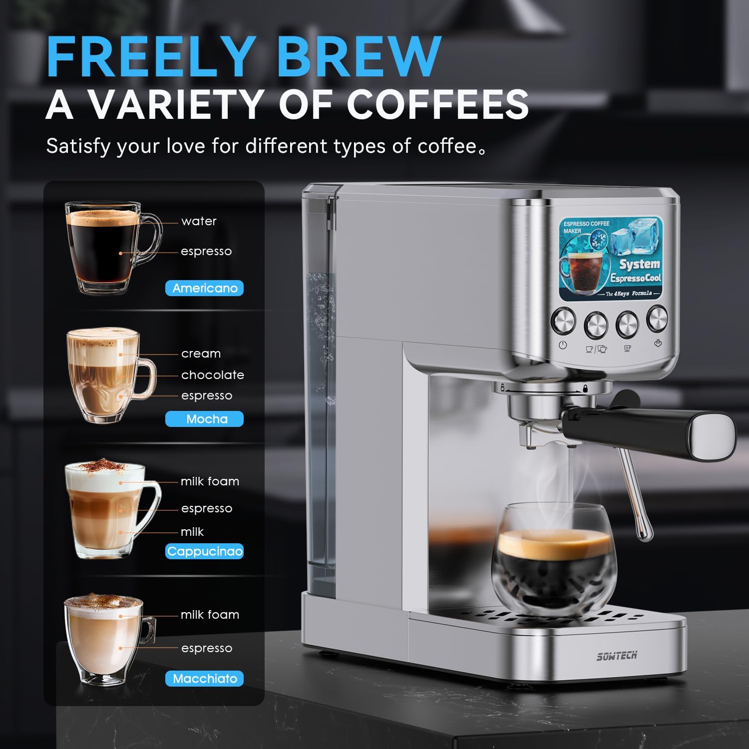 Espresso Machine 20 Bar, Compact Espresso Maker with Milk Frother, Stainless Steel Coffee Machine with 42 oz Water Tank for Cappuccino, Latte&Cold Brew, Home&Office, Silver - Image 8