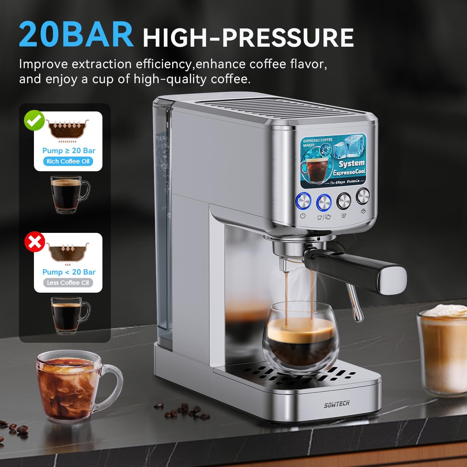 Espresso Machine 20 Bar, Compact Espresso Maker with Milk Frother, Stainless Steel Coffee Machine with 42 oz Water Tank for Cappuccino, Latte&Cold Brew, Home&Office, Silver - Image 4