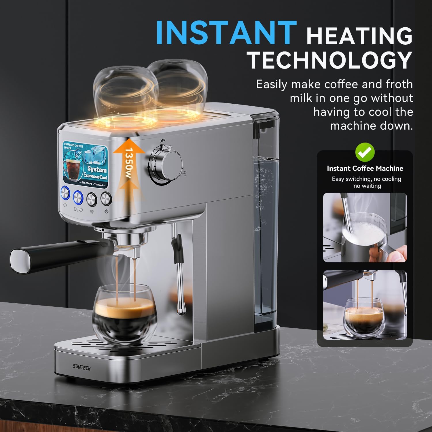 Espresso Machine 20 Bar, Compact Espresso Maker with Milk Frother, Stainless Steel Coffee Machine with 42 oz Water Tank for Cappuccino, Latte&Cold Brew, Home&Office, Silver - Image 3