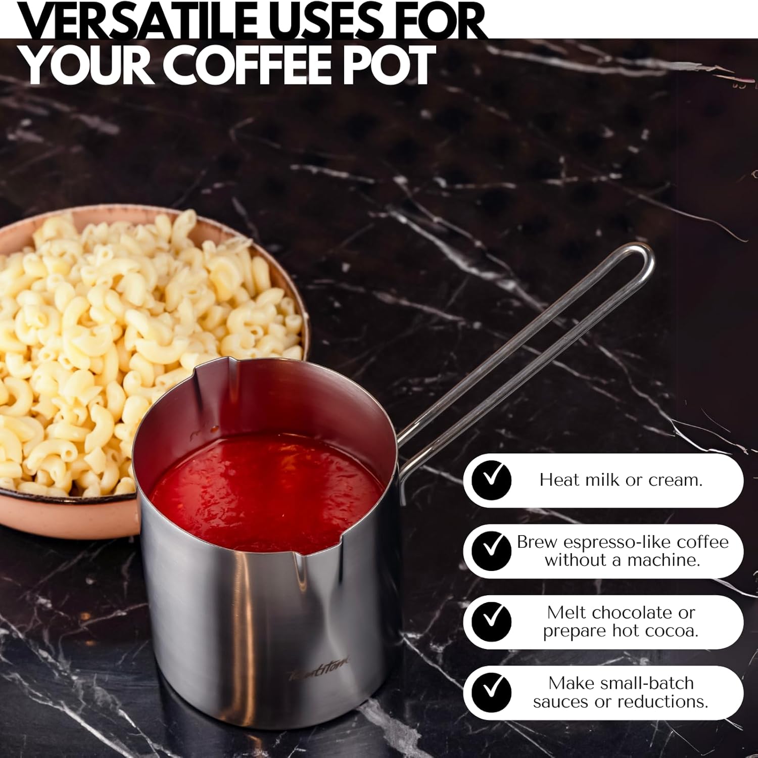 Turkish Coffee Pot Stainless Steel Cezve – Small Milk Warmer Briki for Stove – Coffee Boiler & Arabic Greek Coffee Maker – Heat Resistant Handle (26.03 oz.) - Image 5