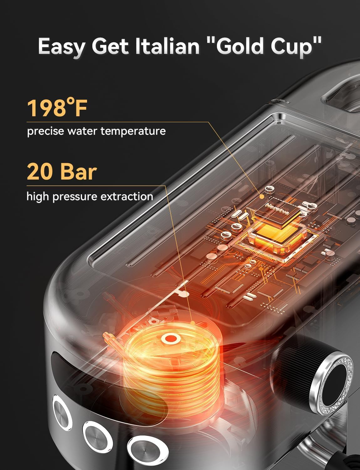 Neretva Espresso Machine 20 Bar, Super Compact Espresso Maker Stainless Steel Professional Coffee Machine Espresso with LED Display & Milk Frother for Home Barista Latte and Cappuccino Maker - Image 3