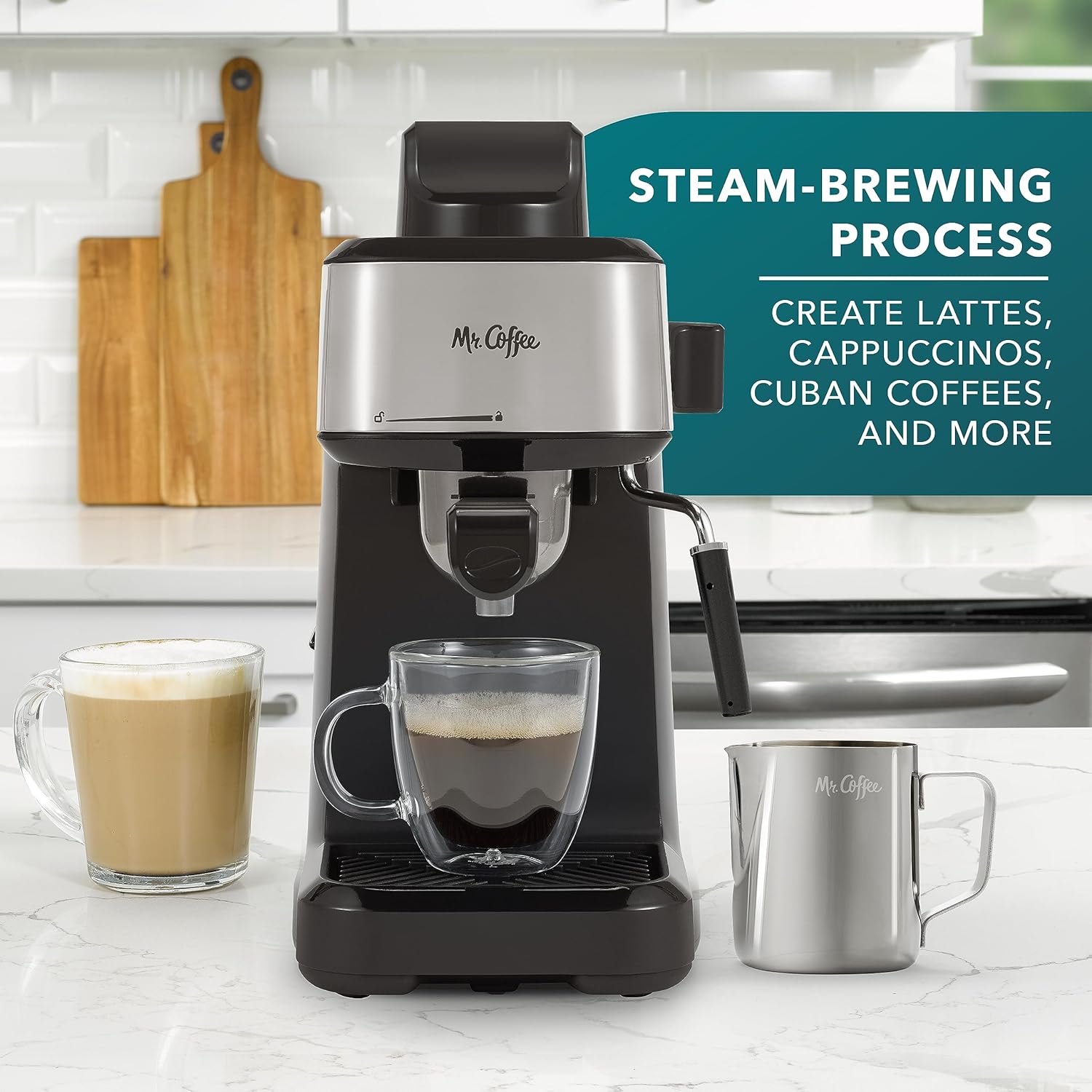 Mr. Coffee® 4-Shot Steam Espresso, Cappuccino, and Latte Maker with Stainless Steel Frothing Pitcher - Image 3