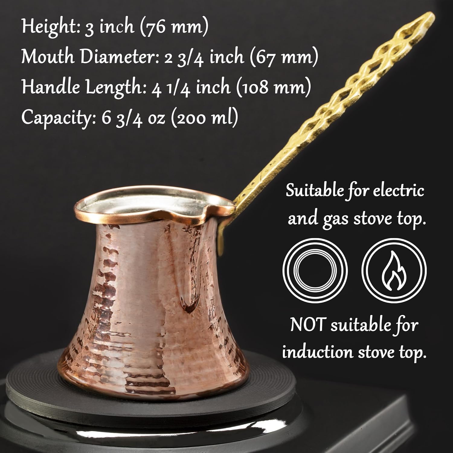 Volarium Turkish Coffee Pot, Greek Arabic Coffee Maker, Hammered Copper Coffee Cezve, Stove Top Coffee Maker (Small) - Image 5
