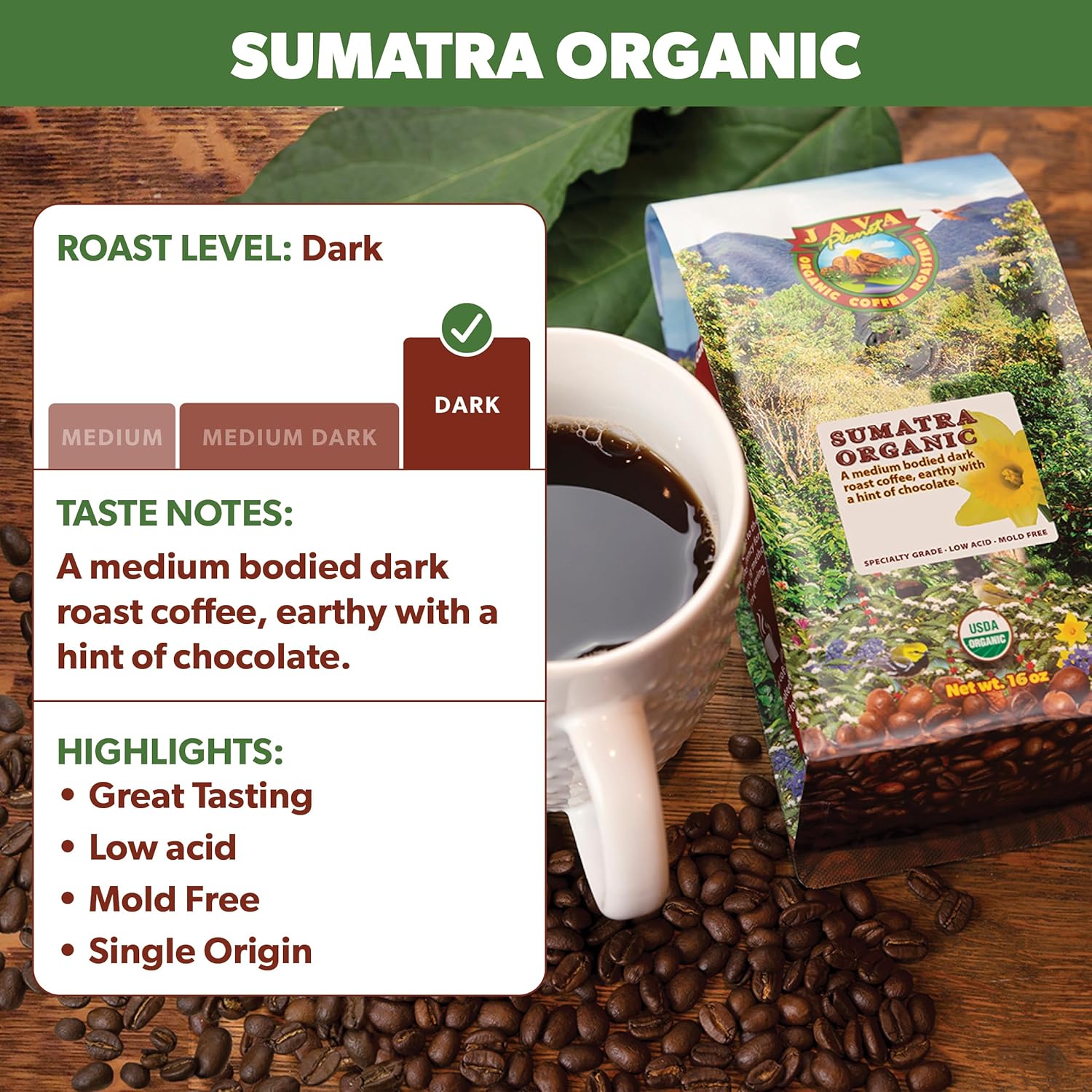 Java Planet Organic, Sumatra Single Origin Dark Roast, Smooth Full Flavored Organic Coffee Beans, Low Acid, Whole Bean Coffee Two 1LB Bags - Image 4